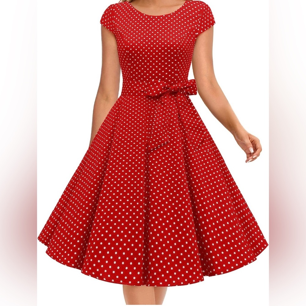 Dressystar Vintage 1950s Cap-Sleeve Red Dress with White Polka Dots Size Small